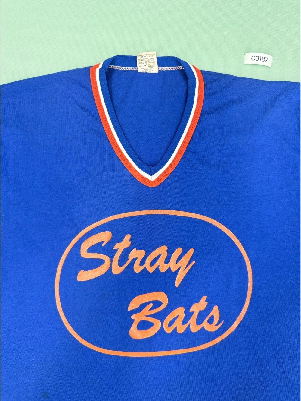 Vintage Russell Athletic Stray Bats Blue V-Neck T-Shirt Size Large Cotton-Poly